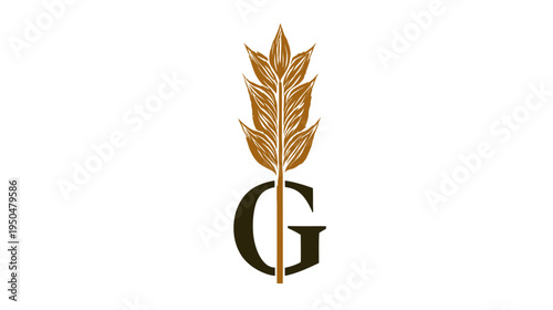Elegant golden wheat stalk illustration with dark serif letter G. Nature-inspired design for agriculture, food, or branding.