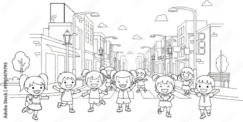 Obraz premium Diverse cartoon children joyfully cross a city street on a sunny day