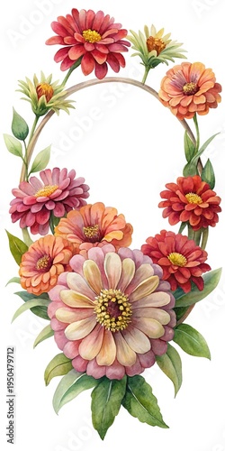 Wallpaper Mural Watercolor Zinnia Flower Wreath with Red Orange and Pink Blooms Torontodigital.ca