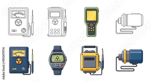 Collection of scientific and industrial measurement instruments, including a Geiger counter, multimeter, and radiation detector, rendered in a clean, modern illustration style
