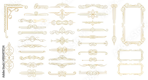 Golden Ornate Decorative Elements Collection Elegant Victorian Borders, Frames, and Dividers for Vintage Design Projects