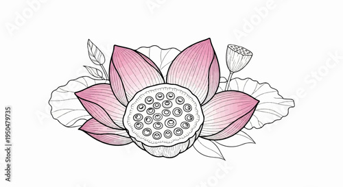 Delicate pink lotus flower with seed pod and leaves