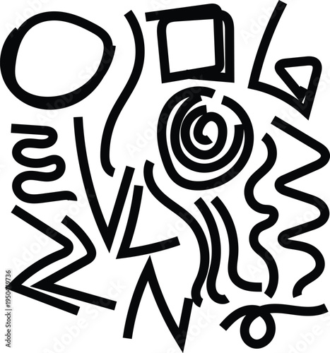 An assortment of varied black hand drawn doodle shapes and lines creating a playful geometric pattern