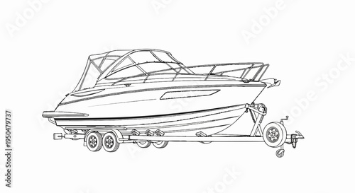 Black and white sketch of a sleek motorboat on a double-axle trailer