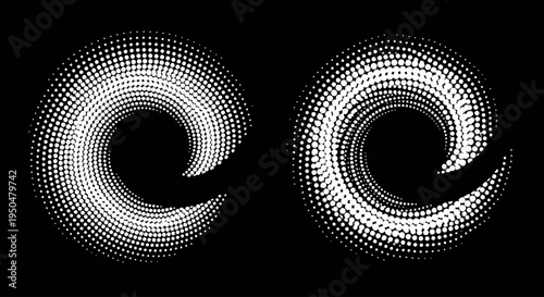 Two Abstract Swirls Made Of Dots On A Black Background, Representing Motion And Energy