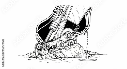 Detailed line art of excavator arm digging into rocky terrain, dripping fluid