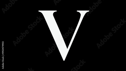 Elegant White Uppercase Letter V with Serifs on Black Background. Typographic Element, Alphabet Initial, Isolated Character