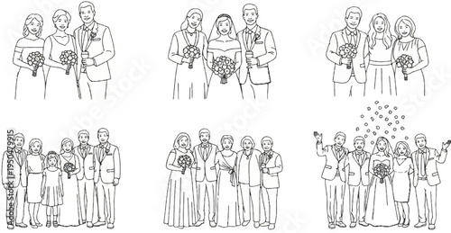 A line of wedding party illustrations showcasing diverse groups in formal attire