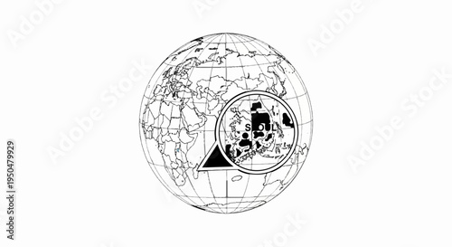 Globe showing continents with an inset map highlighting a region