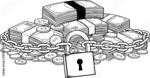 Illustration of money stacks and coins secured by a padlock and chain