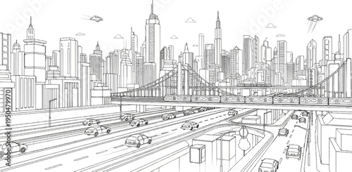 Futuristic cityscape with soaring skyscrapers, elevated train, and flying vehicles