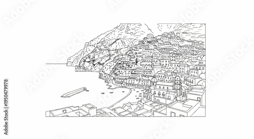A detailed sketch of buildings cascading down a cliff to a seaside bay with boats