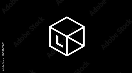 White Line Art Geometric Cube on Black Background. Abstract Modern Minimalist Design Symbol for Technology, Business, or Branding Concept