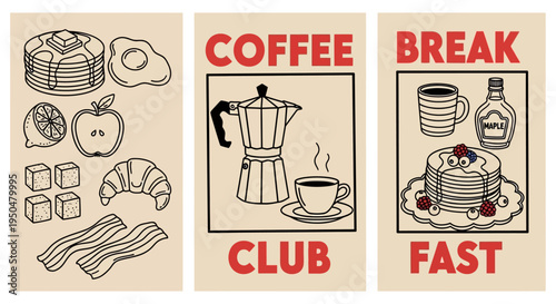 A Collection of Breakfast and Coffee Themed Illustrations Featuring Pancakes, Eggs, Bacon, Croissants, and Coffee Appliances