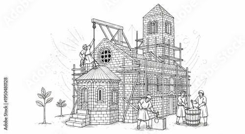 Historical scene of people building a stone structure with scaffolding and tools