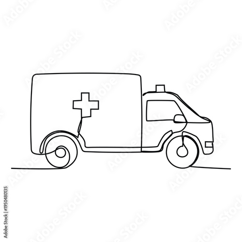 Continuous one line art of hospital ambulance vehicle to rescue critical patient. 911 isolated minimalism concept. 