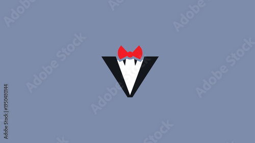 Modern Vampire Tuxedo Letter V Logo Icon with Fangs and Red Bow Tie - Halloween Theme Vector Illustration