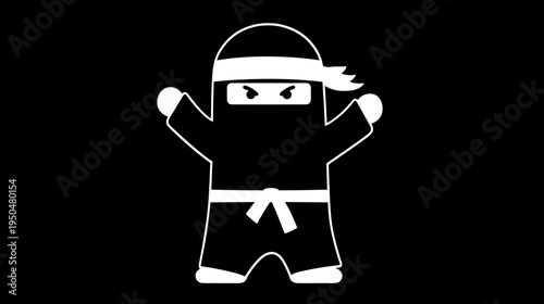 Stylized cartoon ninja character icon with headband and belt. Simple vector illustration in black and white for martial arts or stealth.