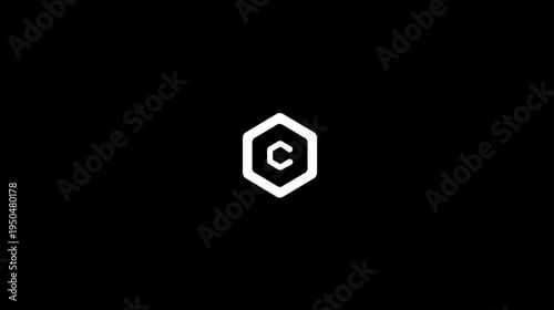 Modern white letter C inside a geometric hexagon outline, minimalist abstract icon design on a black background, digital concept