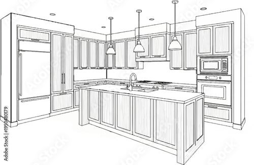 L-shaped kitchen with island, appliances, cabinets, sink, and lighting