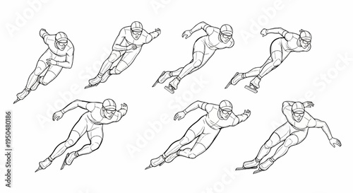 Eight figures of speed skaters in various dynamic poses on ice