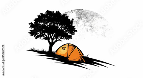 Orange tent pitched under a silhouetted tree with a textured moon backdrop