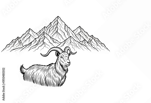 Hand-drawn mountain goat in front of jagged peaks