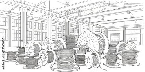 Large spools of wire neatly stored inside a factory or warehouse