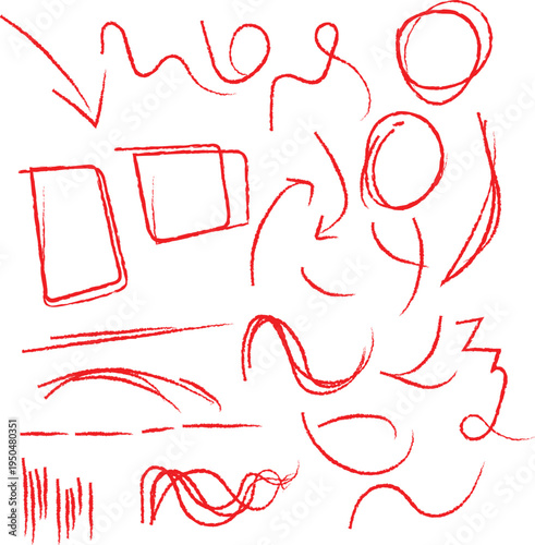 Numerous red hand drawn crayon style scribbles, lines, shapes, and arrows appear on a white background