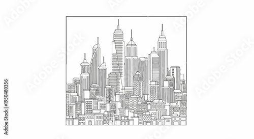 Outline drawing of a dense city skyline filled with tall, varied architectural structures