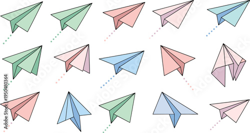 Paper Airplane Icon Set with Colorful Origami Flying Planes and Motion Trails for Messaging Apps, Send Symbols, Communication Concepts, and Creative Design