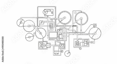 Intricate diagram of complex machinery with pipes and circular components