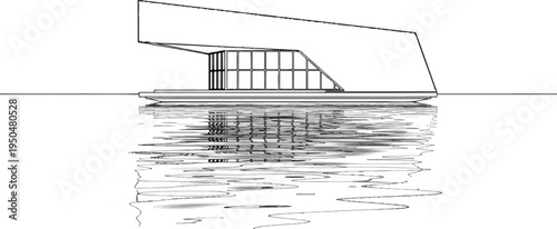Minimalist outline of a futuristic houseboat with a reflecting body of water
