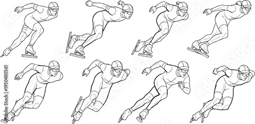 Multiple speed skaters in dynamic poses, captured in a stylized line drawing