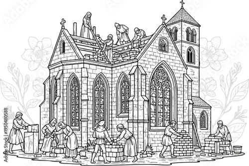 Medieval builders constructing a stone church with stained glass windows