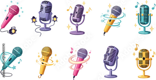 Retro Microphone Icon Set with Colorful Vintage Mics, Music Notes, and Sparkle Effects for Podcast, Singing, Recording Studio, Karaoke, and Audio Entertainment Designs