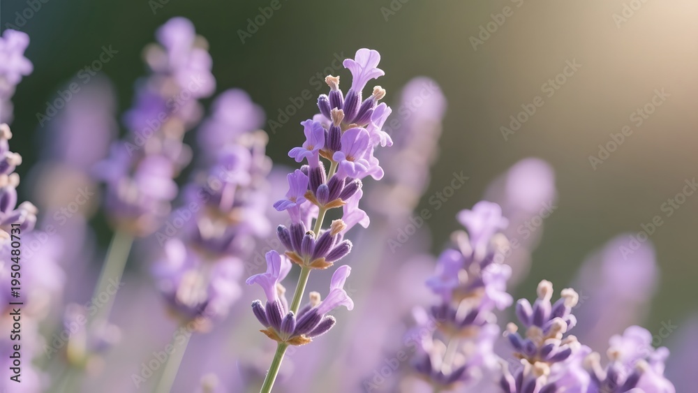 Fototapeta premium Close-up shot of delicate purple lavender flowers in full bloom, bathed in warm sunlight, evoking a serene and natural beauty ideal for aromatherapy and relaxation concepts
