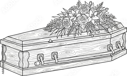 Ornate wooden casket adorned with a lush floral arrangement of roses and lilies