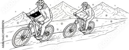 Two cyclists in protective gear ride mountain bikes on a snowy mountain trail