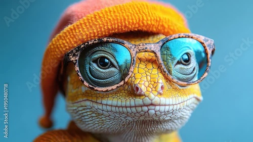 Close-up of a reptile in stylish accessories