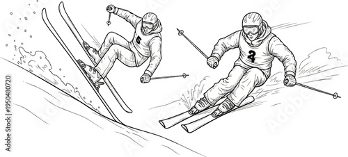 Two skiers in competition, one spraying snow as they descend a slope
