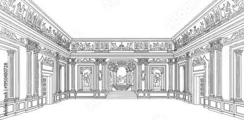 Ornate interior of a grand hall with columns and sculpted friezes