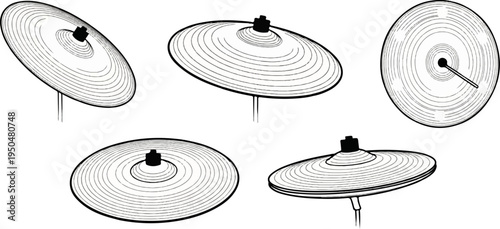 Various percussion cymbals, depicted as line art on white