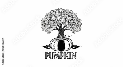 Whimsical tree sprouts from a halved pumpkin, bearing abundant leaves
