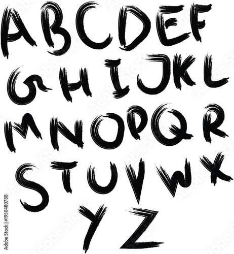 A complete uppercase English alphabet presented in a bold, textured brush stroke style on white