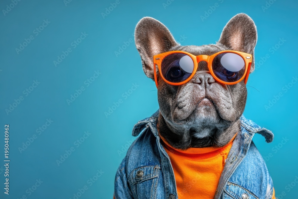 Fototapeta premium Cute bulldog wearing red sunglasses and denim jacket on blue studio background. Closeup portrait. Stylish trendy dog on colorful backdrop. Playful fashion vibe. Happy puppy. Pet party. Poster, card