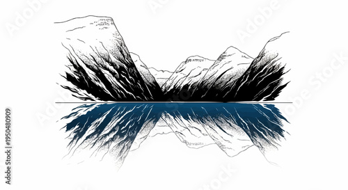 Stylized mountain range reflected in dark blue water