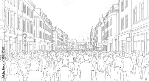 Stylized sketch of a crowded street lined with buildings