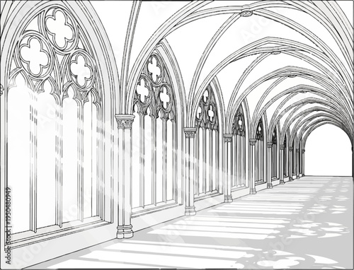 Sunlight streams through arched gothic windows, casting shadows on a long corridor