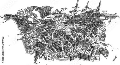 Stylized world map depicted as a dense urban landscape with shipping